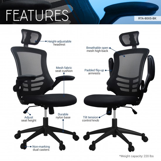 Techni Mobili Modern High-Back Mesh Executive Office Chair with Headrest and Flip-Up Arms, Black