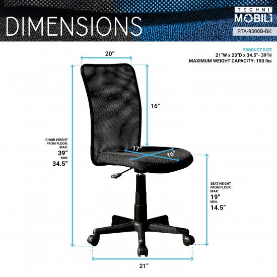 Techni Mobili Mesh Task Office Chair, Black