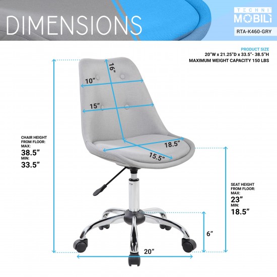 Techni Mobili Armless Task Chair with Buttons, Grey