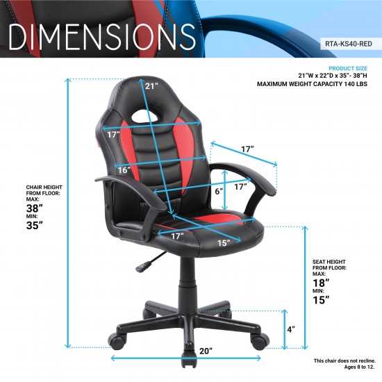 Techni Mobili Kid's Gaming and Student Racer Chair with Wheels, Red