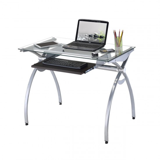 Techni Mobili Contempo Clear Glass Top Computer Desk with Pull Out Keyboard Panel, Clear