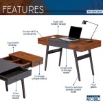 Techni Mobili Writing Desk - Dual Side & Pull-Out Front Drawer - Coated Grey Steel Frame - Mahogany