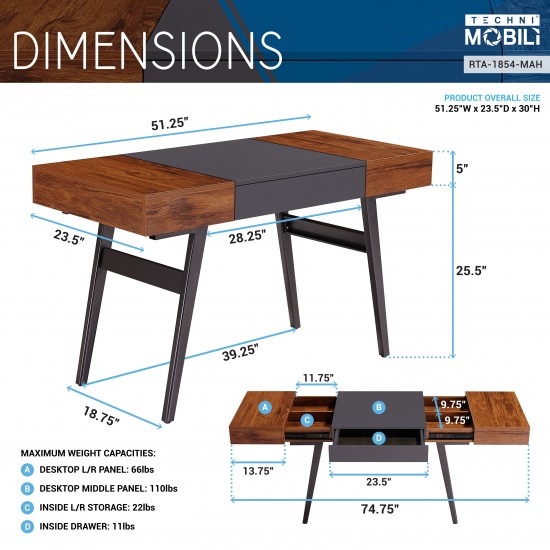 Techni Mobili Writing Desk - Dual Side & Pull-Out Front Drawer - Coated Grey Steel Frame - Mahogany