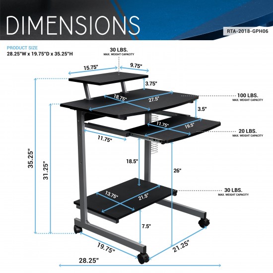 Techni Mobili Compact Computer Cart With Storage, Graphite