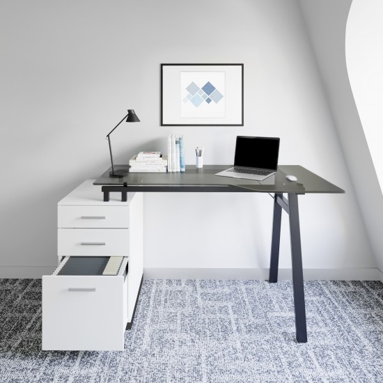 Techni Mobili Modern Home Office Computer Desk with smoke tempered glass top & storage - White 