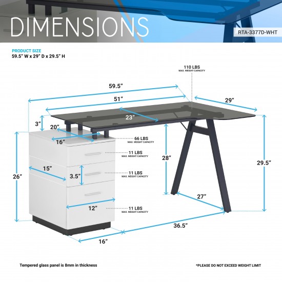 Techni Mobili Modern Home Office Computer Desk with smoke tempered glass top & storage - White 