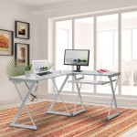 Techni Mobili L-Shaped Tempered Glass Top Computer Desk with Pull Out Keyboard Panel, Clear