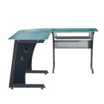 Techni Mobili Deluxe L-Shaped Tempered Frosted Glass Top Computer Desk with Pull Out Keyboard Panel, Graphite