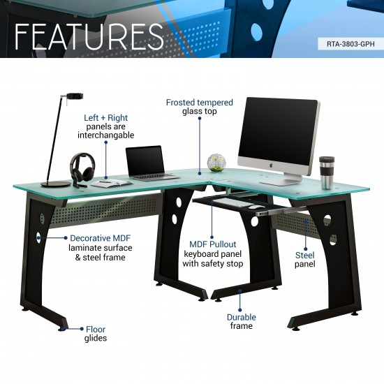 Techni Mobili Deluxe L-Shaped Tempered Frosted Glass Top Computer Desk with Pull Out Keyboard Panel, Graphite