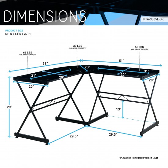 Techni Mobili L-Shaped Glass Computer Desk, Black