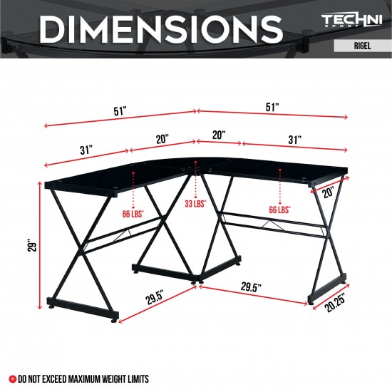 Techni Mobili L-Shaped Glass Computer Desk, Black