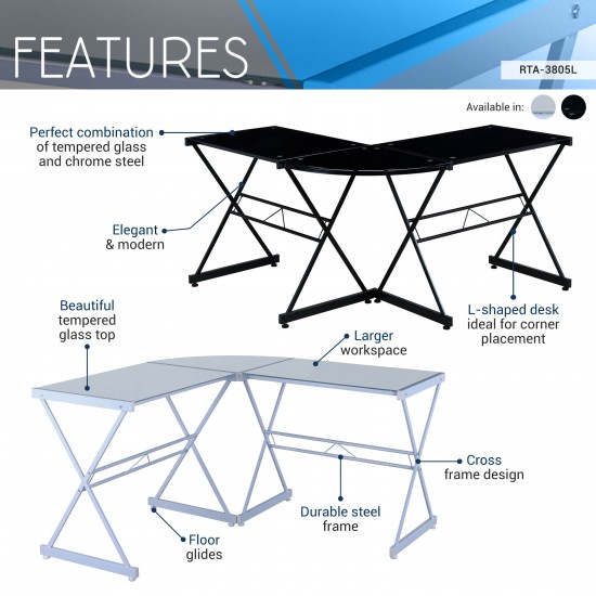 Techni Mobili L-Shaped Glass Computer Desk, White