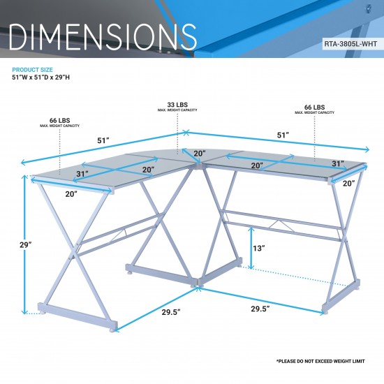 Techni Mobili L-Shaped Glass Computer Desk, White