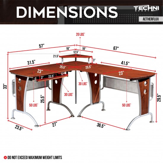 Techni Mobili Deluxe L-Shaped Computer Desk With Pull Out Keyboard Panel, Mahogany