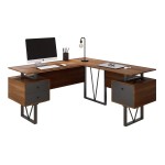 Techni Mobili Reversible L-Shape Computer Desk with Drawers and File Cabinet, Walnut