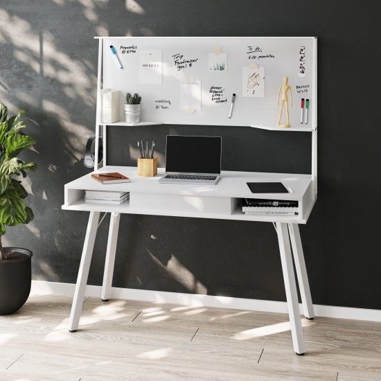 Techni Mobili Study Computer Desk with Storage & Magnetic Dry Erase White Board, White