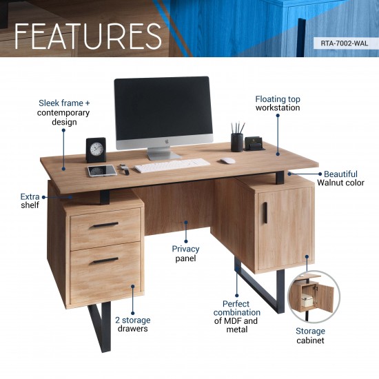 Techni Mobili Modern Office Desk with Storage, Walnut