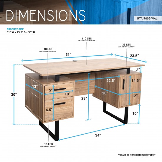 Techni Mobili Modern Office Desk with Storage, Walnut