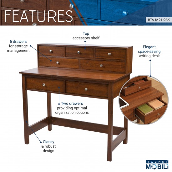 Techni Mobili Elegant Writing Desk with Storage and Hutch, Oak