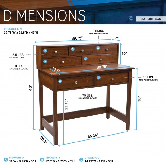 Techni Mobili Elegant Writing Desk with Storage and Hutch, Oak