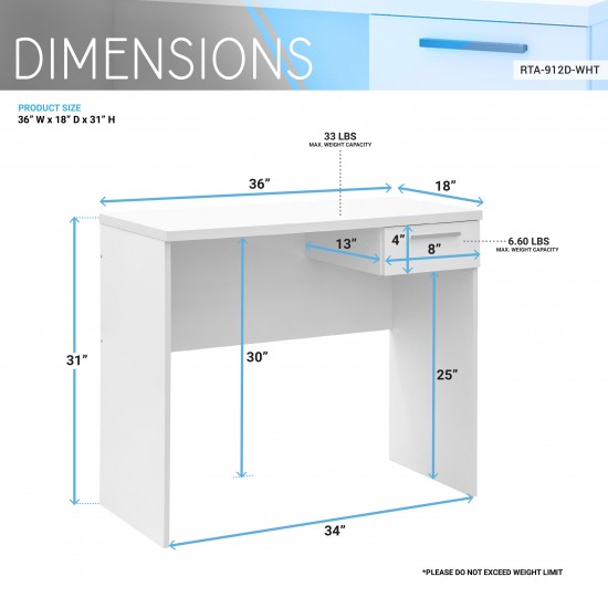 Techni Mobili Modern Computer Writing Desk with Drawer, White