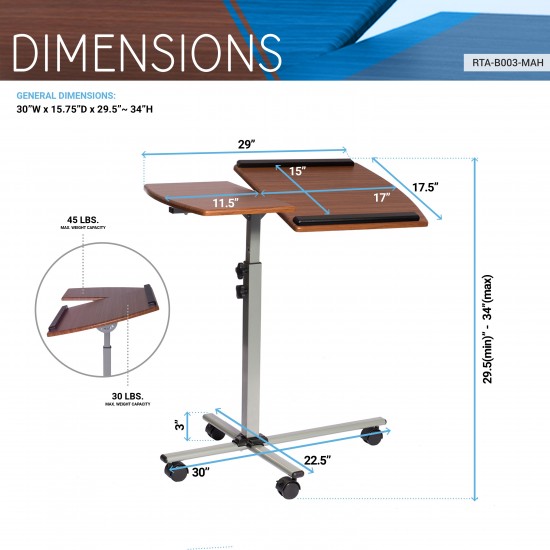 Techni Mobili Rolling Adjustable Laptop Cart, Mahogany