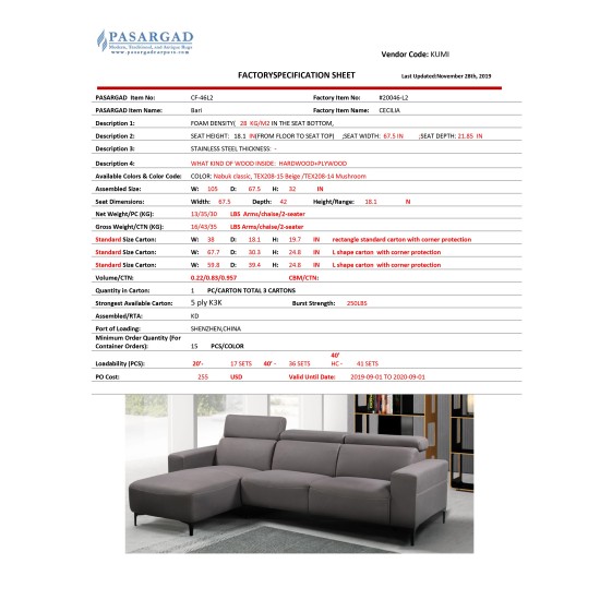Modern Bari Sectional Sofa with Push Back Functional, Left Facing Beige Color