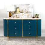 Pasargad Home Theodore Green Sideboard, 6 Drawers & Gold Polished Metal Frame