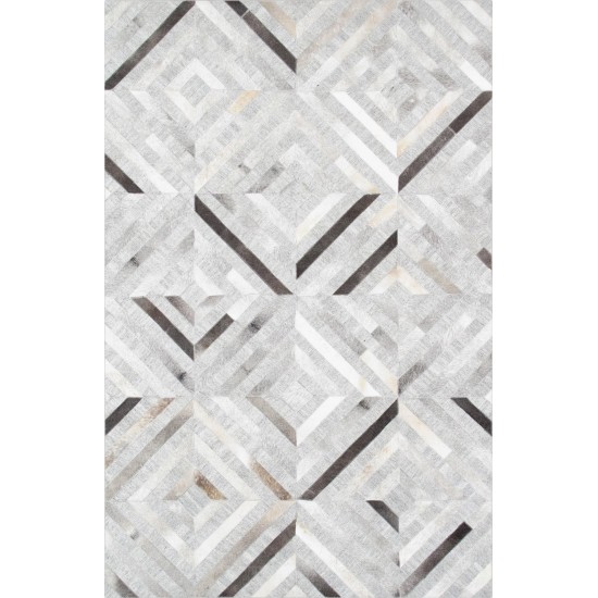 Pasargad Home Geometric Silver Cowhide Rug- 6' 0" X 9' 0"