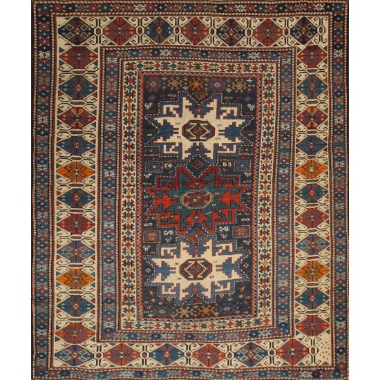 Pasargad Home Antique Kazak Collection Navy Lamb's Wool Area Rug- 3' 7" X 4' 1"