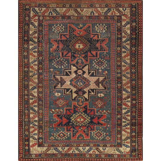 Pasargad Home Antique Kazak Collection Green Lamb's Wool Area Rug- 3' 8" X 4'10"