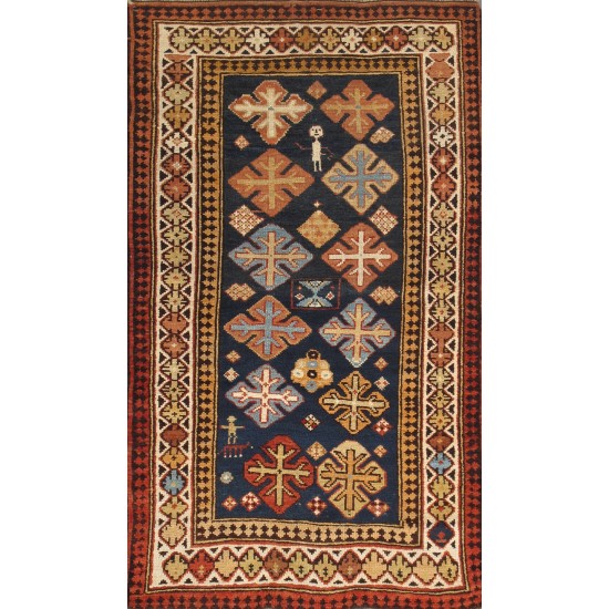 Pasargad Home Antique Kazak Collection Navy Lamb's Wool Area Rug- 2' 8" X 4' 8"