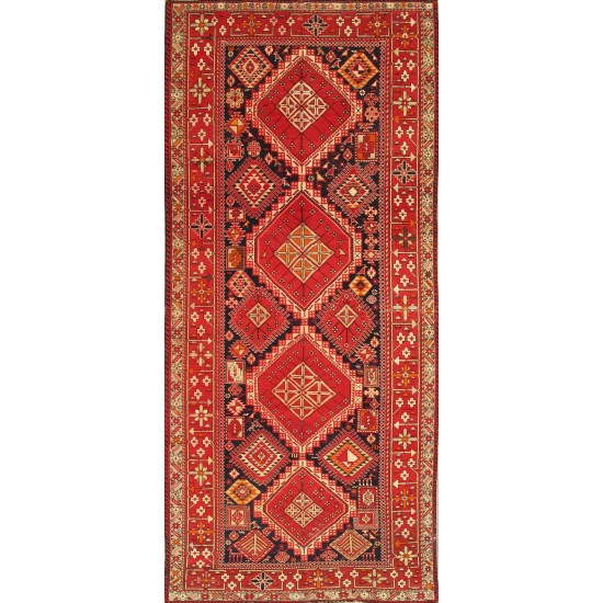 Pasargad Home Antique Karabakh Navy Lamb's Wool Area Rug- 5' 1" X 10' 5"