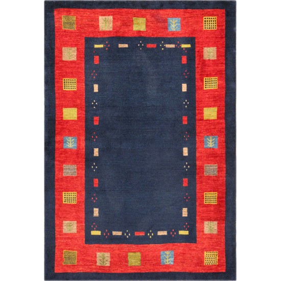 Pasargad Home Area Rug Gabbeh Hand-Knotted Lamb's Wool Blue 3' 5" X 4'11"