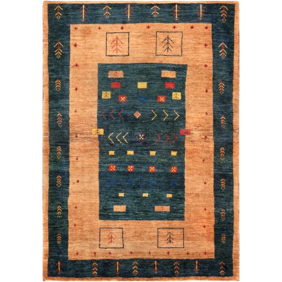 Pasargad Home Area Rug Gabbeh Hand-Knotted Lamb's Wool Green 3' 5" X 4'10"