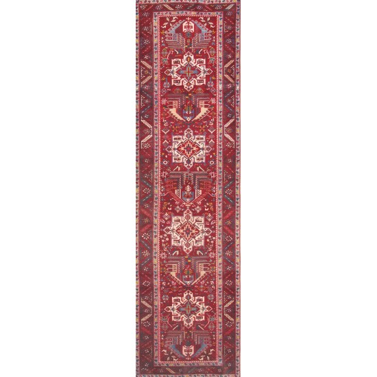 Pasargad Home Antique Karajeh Red Lamb's Wool Area Rug- 3' 6" X 12' 7"