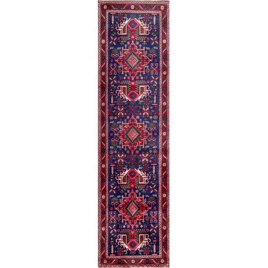 Pasargad Home Vintage Karajeh Collection Blue Wool Area Rug- 3' 3" X 12' 4"