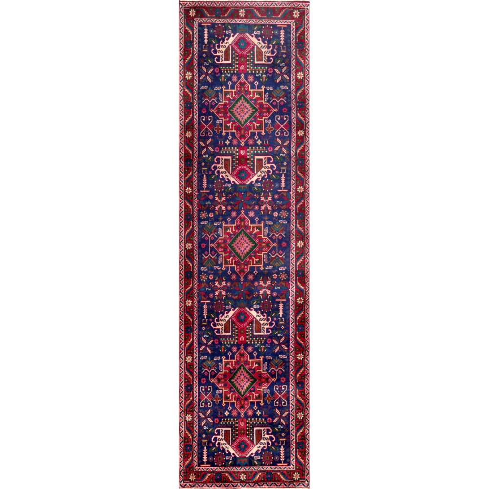 Pasargad Home Vintage Karajeh Collection Blue Wool Area Rug- 3' 3" X 12' 4"