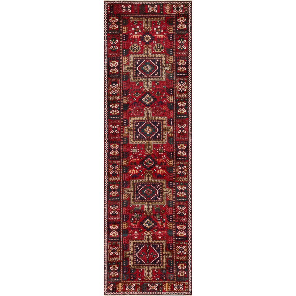 Pasargad Home Vintage Karajeh Collection Red Wool Area Rug- 3' 2" X 10' 8"