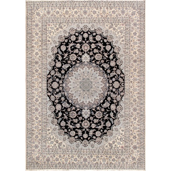 Pasargad Home Nain Hand-Knotted Navy/Ivory Wool Area Rug- 9'11" x 13'1"