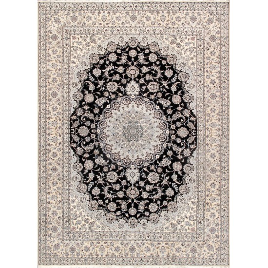 Pasargad Home Nain Hand-Knotted Navy/Ivory Silk & Wool Area Rug- 9'10" x 13'10"