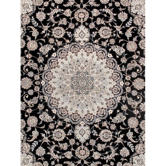 Pasargad Home Nain Hand-Knotted Navy/Ivory Silk & Wool Area Rug- 9'10" x 13'10"