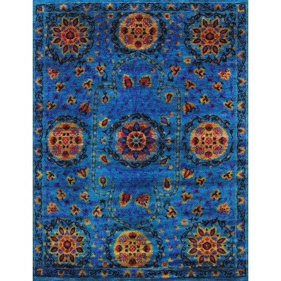 Pasargad Home Aqua Silk Suzani Collection Hand-Knotted Silk Runner 5' 5" X 8' 1"