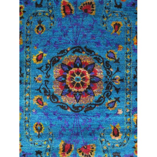 Pasargad Home Aqua Silk Suzani Collection Hand-Knotted Silk Runner 5' 5" X 8' 1"