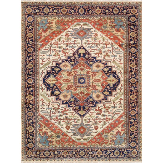 Pasargad Home Serapi Hand-Knotted Wool Ivory/Navy Area Rug- 9' 9" X 10'10"