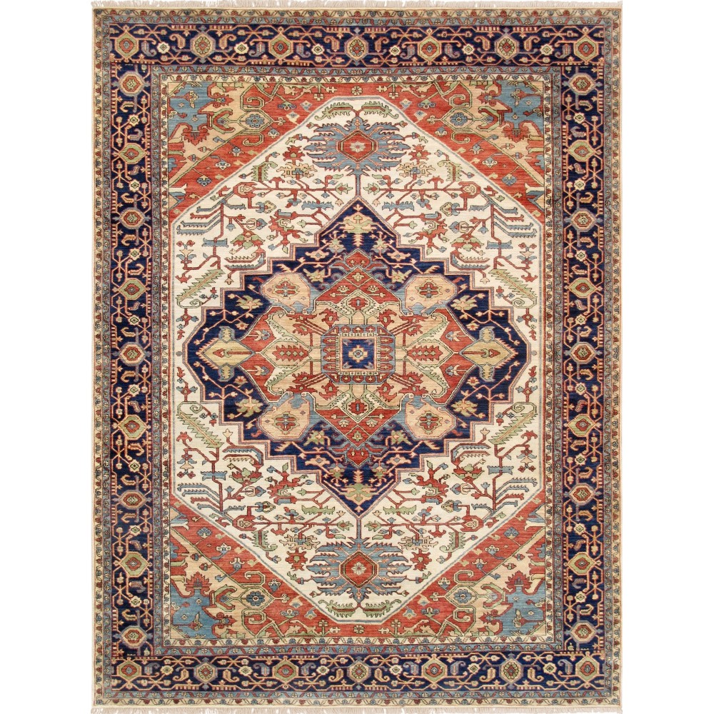 Pasargad Home Serapi Hand-Knotted Wool Ivory/Navy Area Rug- 9' 9" X 10'10"