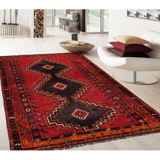 Pasargad Home Vintage Shiraz Collection Red Lamb's Wool Area Rug- 4' 2" X 7' 2"
