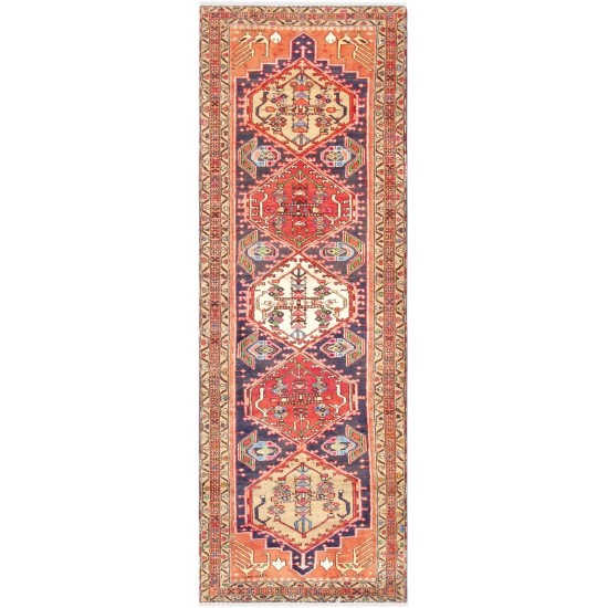 Pasargad Home Vintage Hamadan Navy Lamb's Wool Area Rug- 3' 2" X 9' 3"