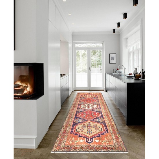 Pasargad Home Vintage Hamadan Navy Lamb's Wool Area Rug- 3' 2" X 9' 3"