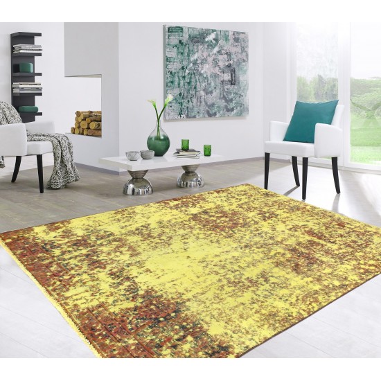 Pasargad Home Vintage Overdye Collection Yellow Wool Area Rug- 4' 0" X 4' 4"